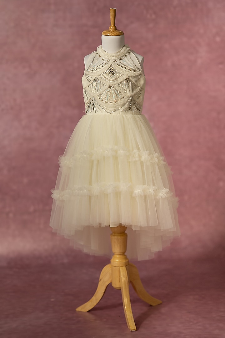 Off-White net Hand Embroidered High-Low Gown For Girls by Ruchikalathlabel at Pernia's Pop Up Shop