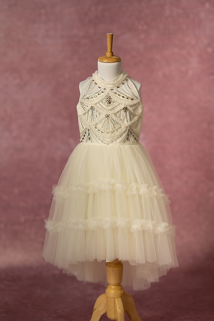 Off-White net Hand Embroidered High-Low Gown For Girls by Ruchikalathlabel at Pernia's Pop Up Shop