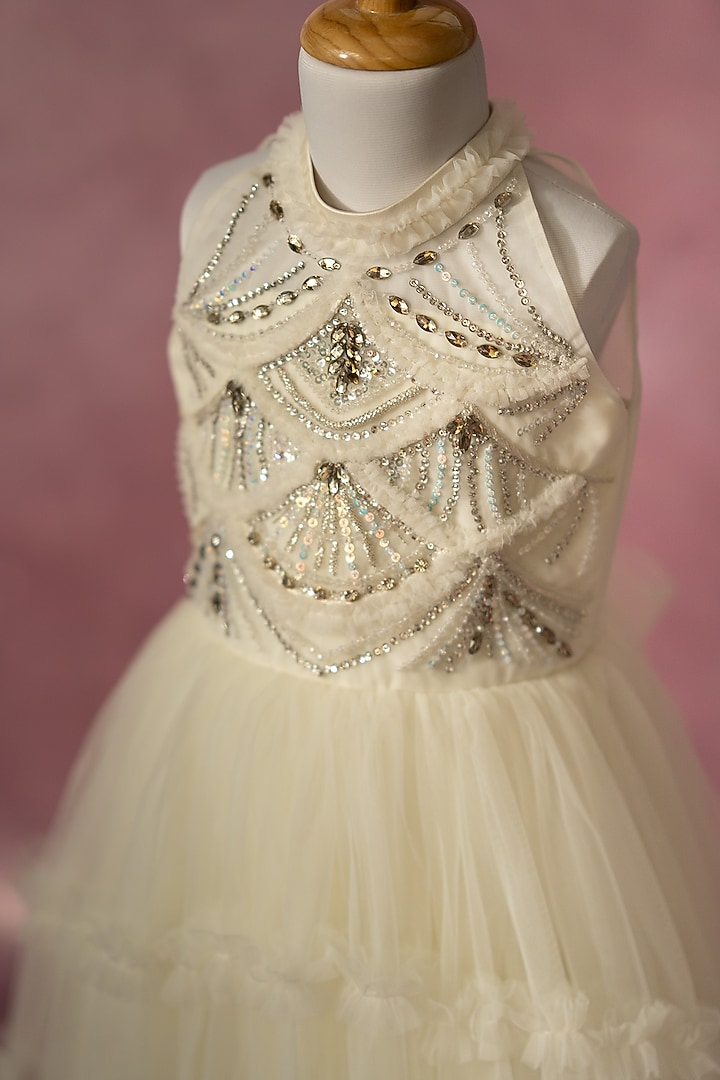 Off-White net Hand Embroidered High-Low Gown For Girls by Ruchikalathlabel at Pernia's Pop Up Shop