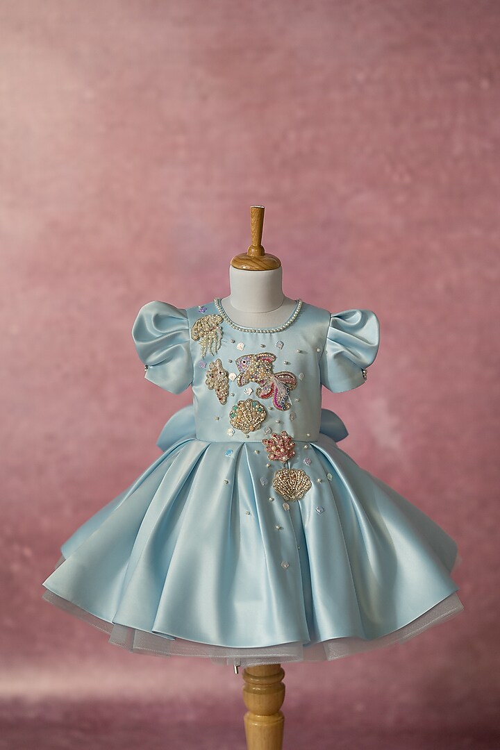 Blue Bridal Satin Hand Embroidered Dress For Girls by Ruchikalathlabel at Pernia's Pop Up Shop