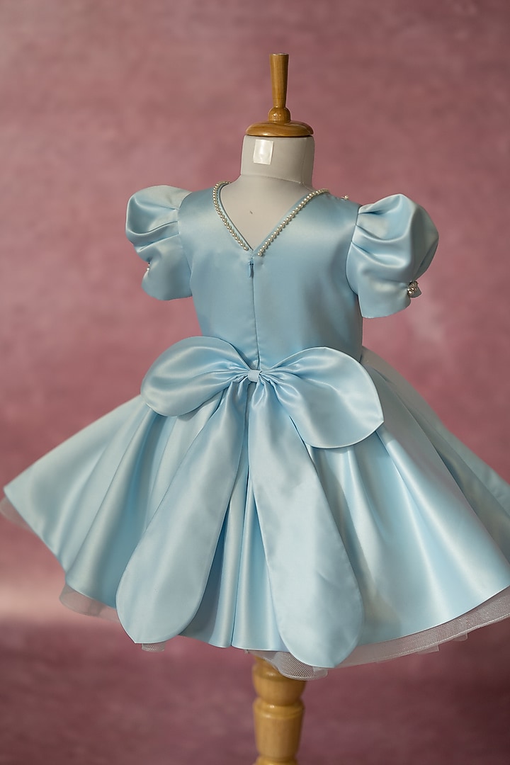 Blue Bridal Satin Hand Embroidered Dress For Girls by Ruchikalathlabel at Pernia's Pop Up Shop