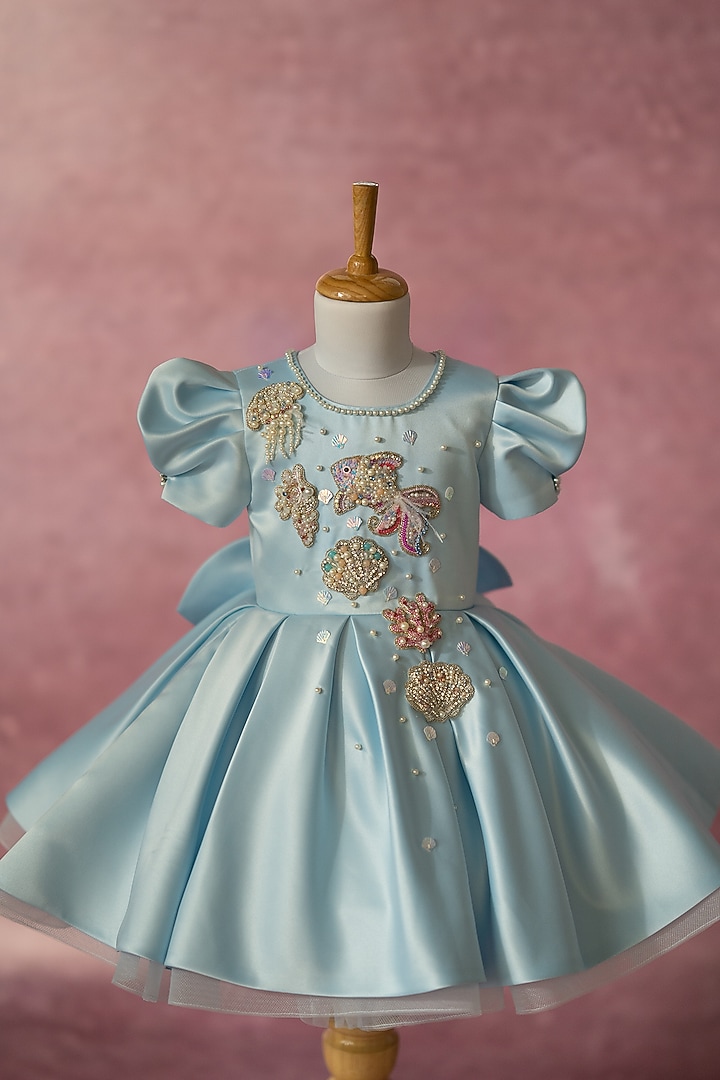 Blue Bridal Satin Hand Embroidered Dress For Girls by Ruchikalathlabel at Pernia's Pop Up Shop