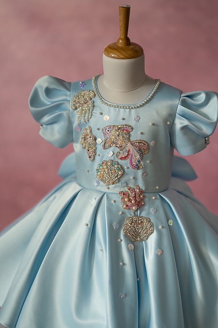 Blue Bridal Satin Hand Embroidered Dress For Girls by Ruchikalathlabel at Pernia's Pop Up Shop