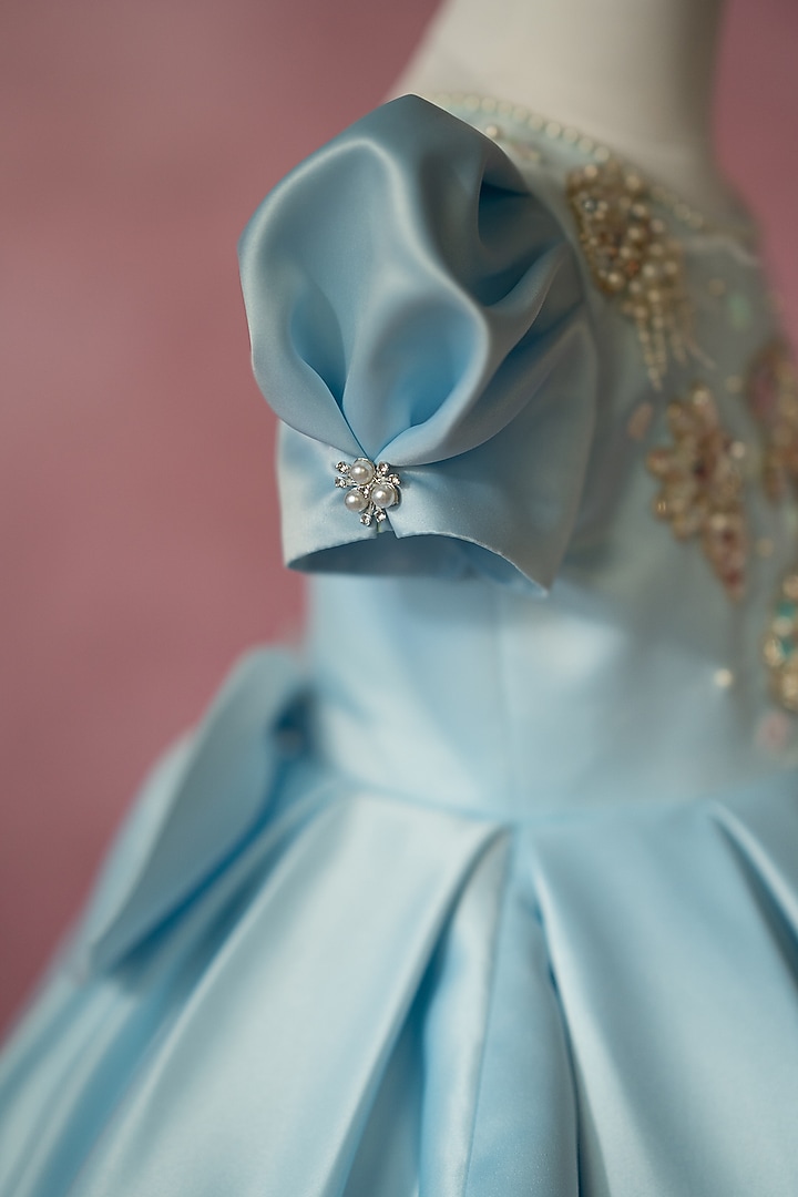 Blue Bridal Satin Hand Embroidered Dress For Girls by Ruchikalathlabel at Pernia's Pop Up Shop