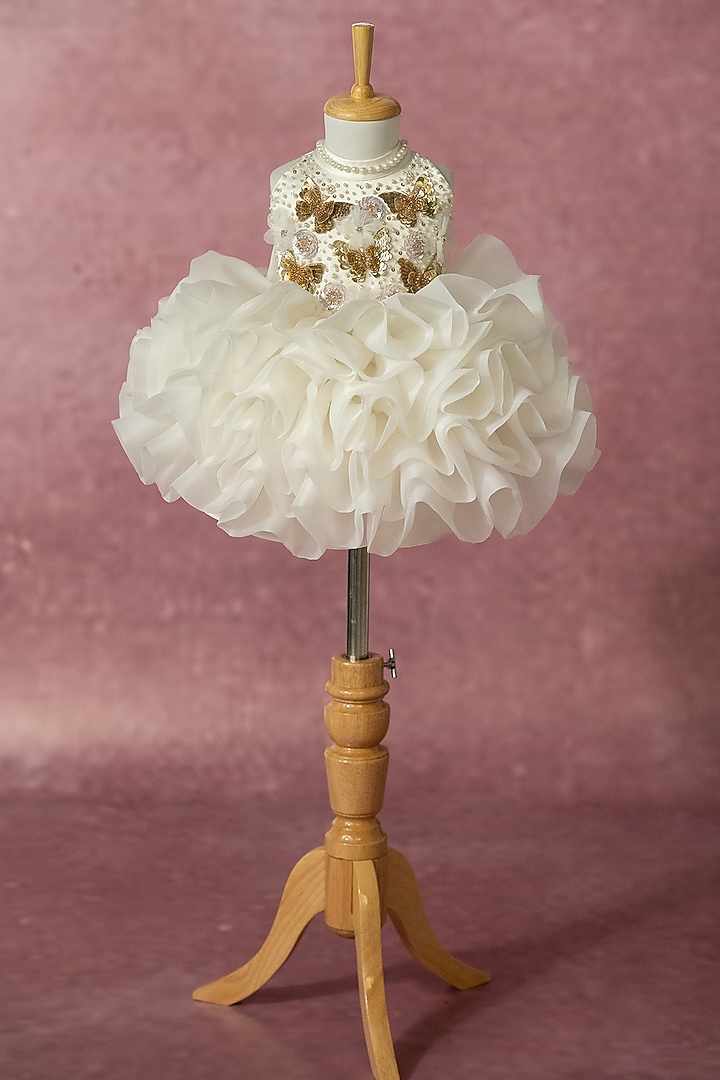 Off-White Organza Hand Embroidered Puffy Dress For Girls by Ruchikalathlabel at Pernia's Pop Up Shop