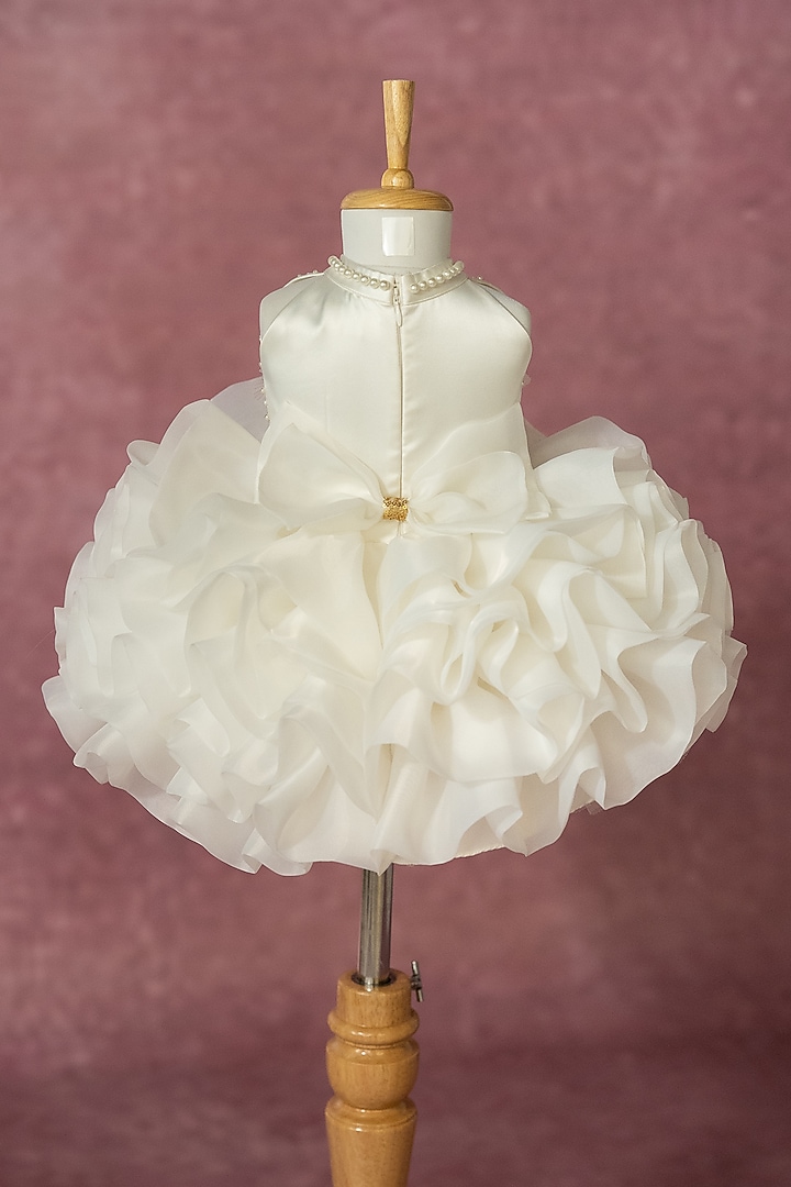 Off-White Organza Hand Embroidered Puffy Dress For Girls by Ruchikalathlabel at Pernia's Pop Up Shop