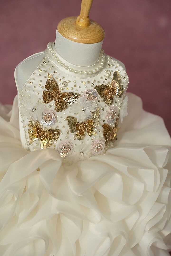 Off-White Organza Hand Embroidered Puffy Dress For Girls by Ruchikalathlabel at Pernia's Pop Up Shop
