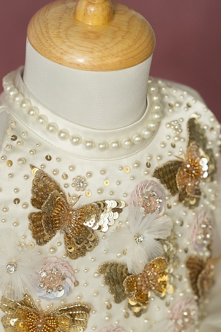 Off-White Organza Hand Embroidered Puffy Dress For Girls by Ruchikalathlabel at Pernia's Pop Up Shop