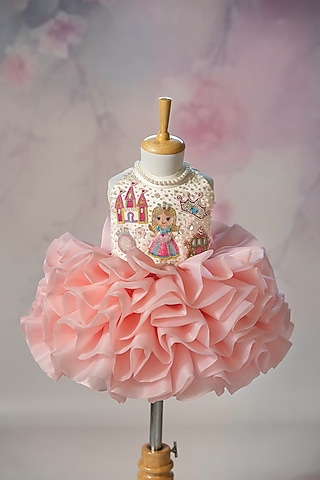 Pink Organza Hand Embroidered Puffy Dress For Girls by Ruchikalathlabel