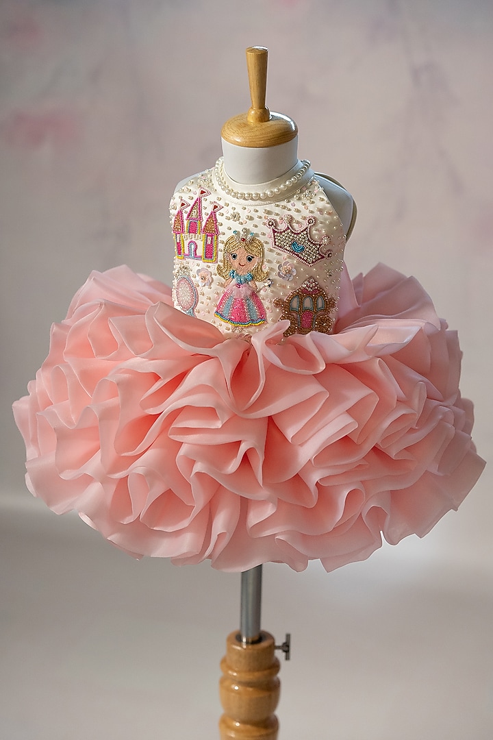 Pink Organza Hand Embroidered Puffy Dress For Girls by Ruchikalathlabel at Pernia's Pop Up Shop