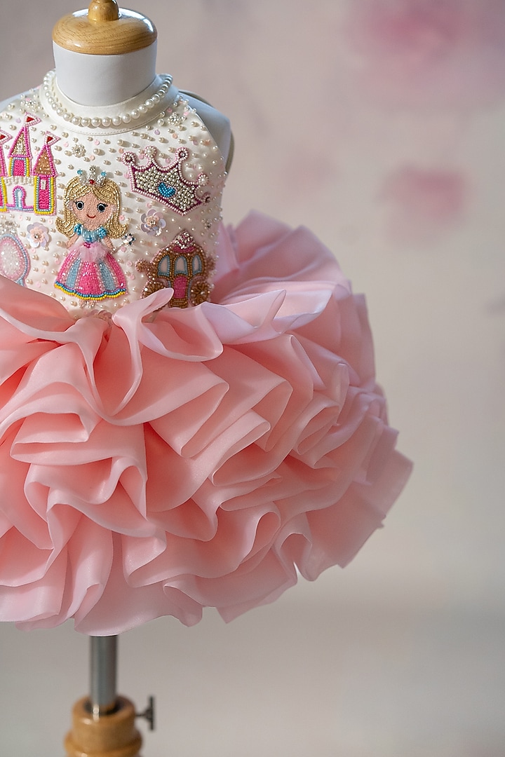 Pink Organza Hand Embroidered Puffy Dress For Girls by Ruchikalathlabel at Pernia's Pop Up Shop
