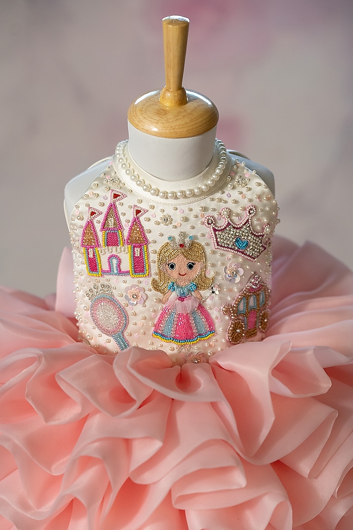 Pink Organza Hand Embroidered Puffy Dress For Girls by Ruchikalathlabel at Pernia's Pop Up Shop