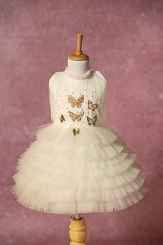 Off-White Net Hand Embroidered Layered Dress For Girls by Ruchikalathlabel