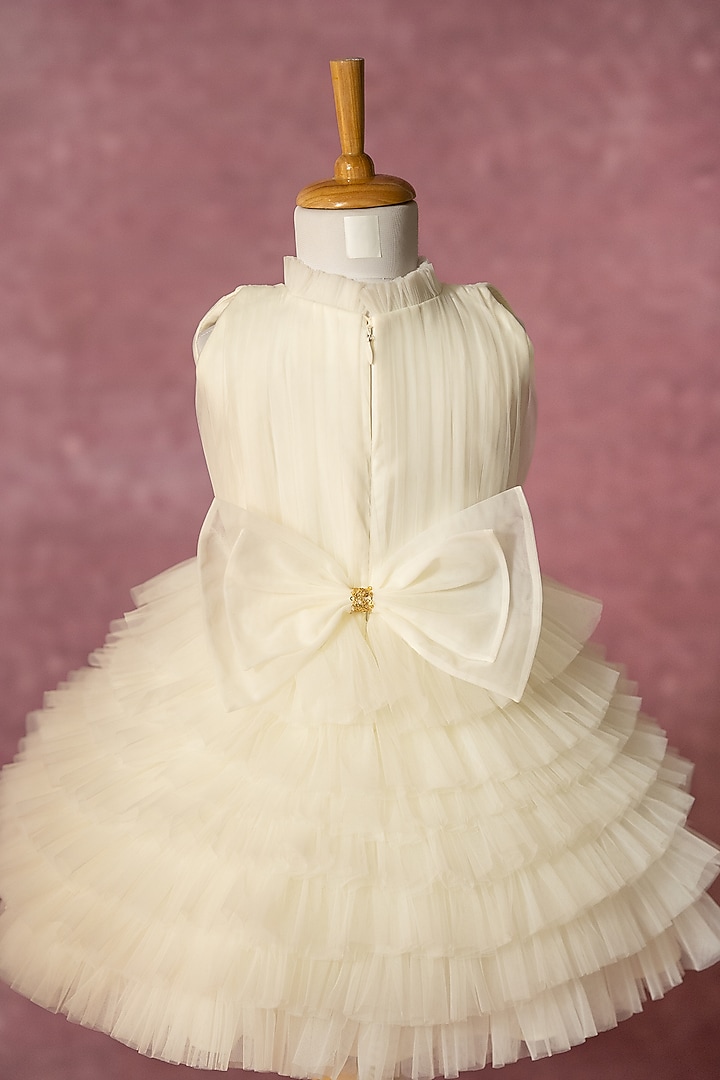 Off-White Net Hand Embroidered Layered Dress For Girls by Ruchikalathlabel at Pernia's Pop Up Shop