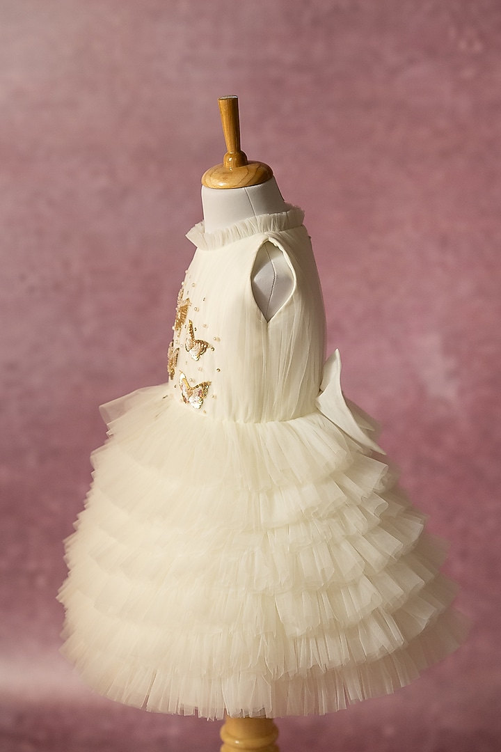 Off-White Net Hand Embroidered Layered Dress For Girls by Ruchikalathlabel at Pernia's Pop Up Shop
