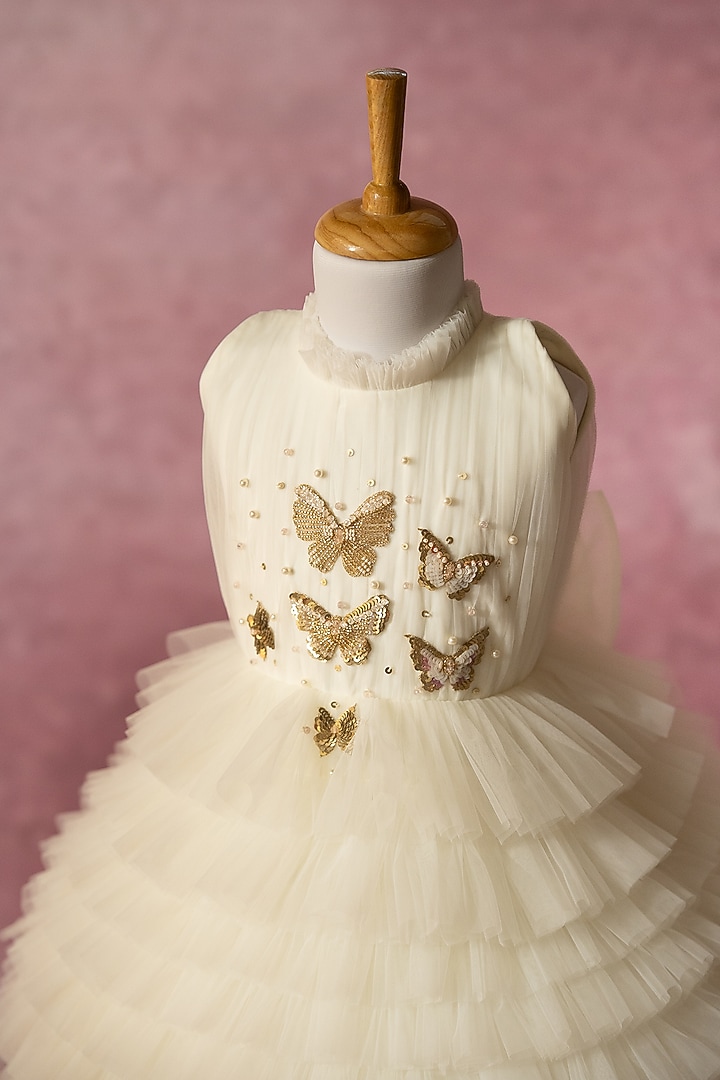 Off-White Net Hand Embroidered Layered Dress For Girls by Ruchikalathlabel at Pernia's Pop Up Shop