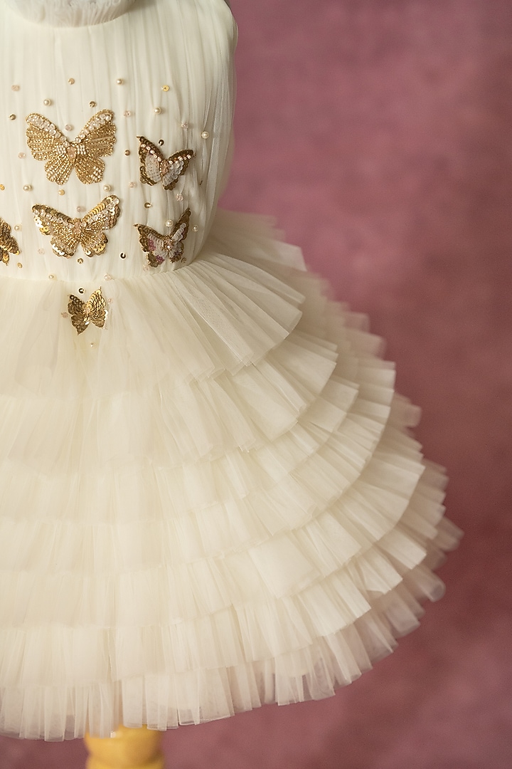 Off-White Net Hand Embroidered Layered Dress For Girls by Ruchikalathlabel at Pernia's Pop Up Shop
