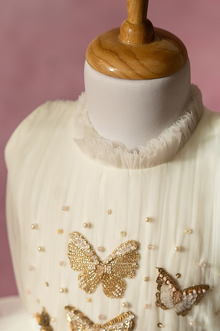 Off-White Net Hand Embroidered Layered Dress For Girls by Ruchikalathlabel at Pernia's Pop Up Shop
