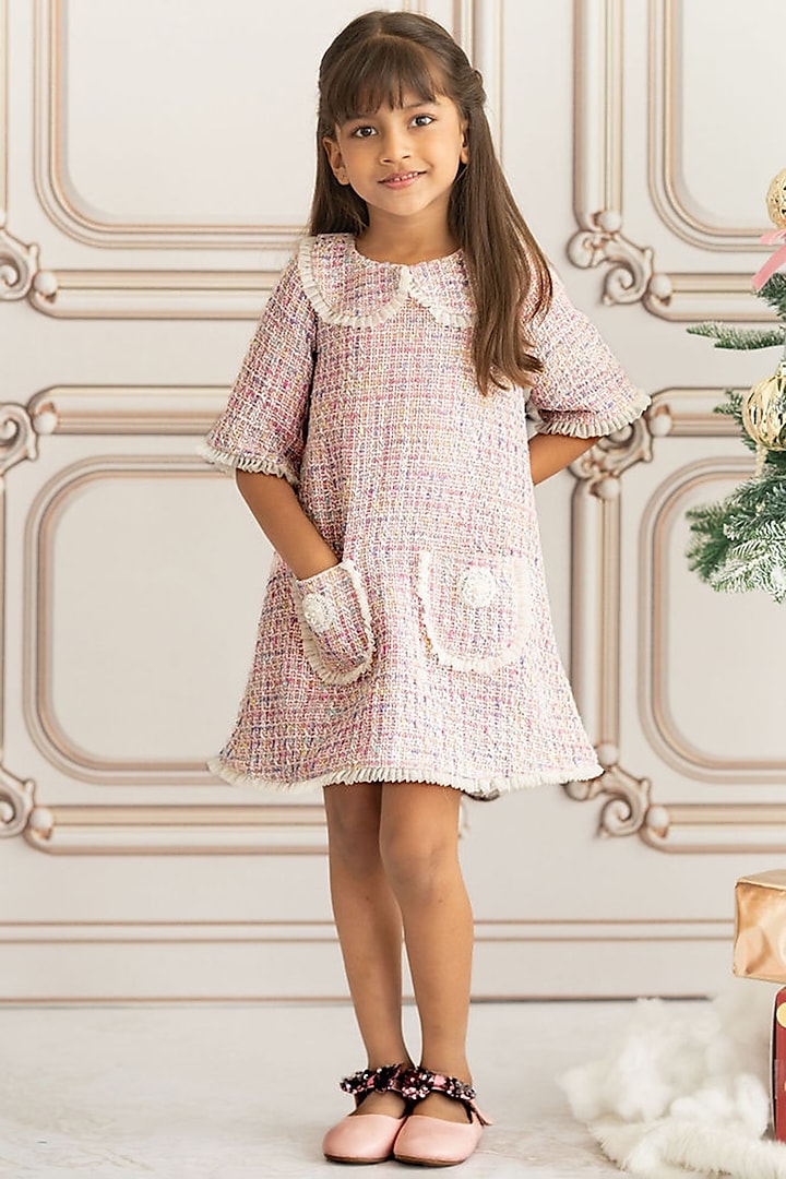 Pink Tweed Fabric A-Line Dress For Girls by Ruchikalathlabel