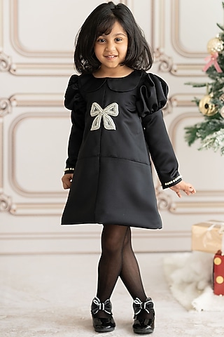 Black Bridal Satin Bow Embellished A-Line Dress For Girls by Ruchikalathlabel
