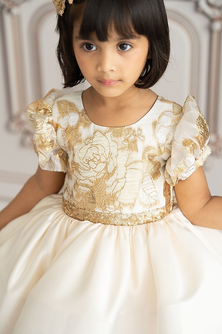 Cream Jacquard & Bridal Satin Flared Dress For Girls by Ruchikalathlabel at Pernia's Pop Up Shop