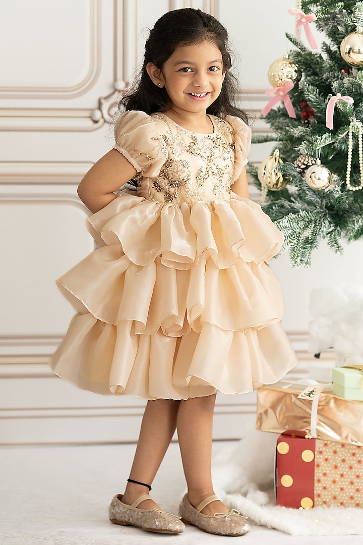 Gold Shimmer Organza Embroidered Tiered Dress For Girls by Ruchikalathlabel at Pernia's Pop Up Shop