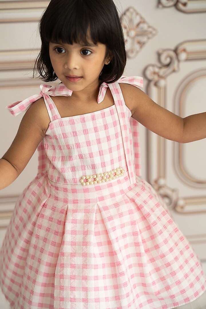 Pink & White Textured Cotton Checkered Dress For Girls by Ruchikalathlabel at Pernia's Pop Up Shop