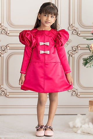 Pink Bridal Satin Crystal Embellished A-Line Dress For Girls by Ruchikalathlabel