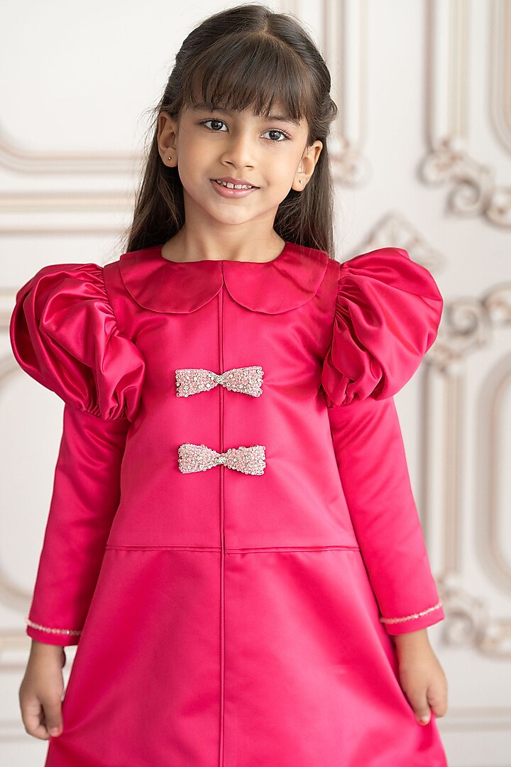 Pink Bridal Satin Crystal Embellished A-Line Dress For Girls by Ruchikalathlabel at Pernia's Pop Up Shop