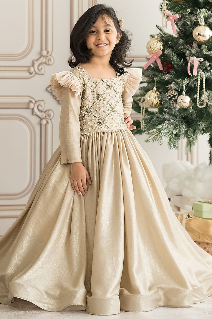 Golden Foil Hand Embroidered Gown For Girls by Ruchikalathlabel