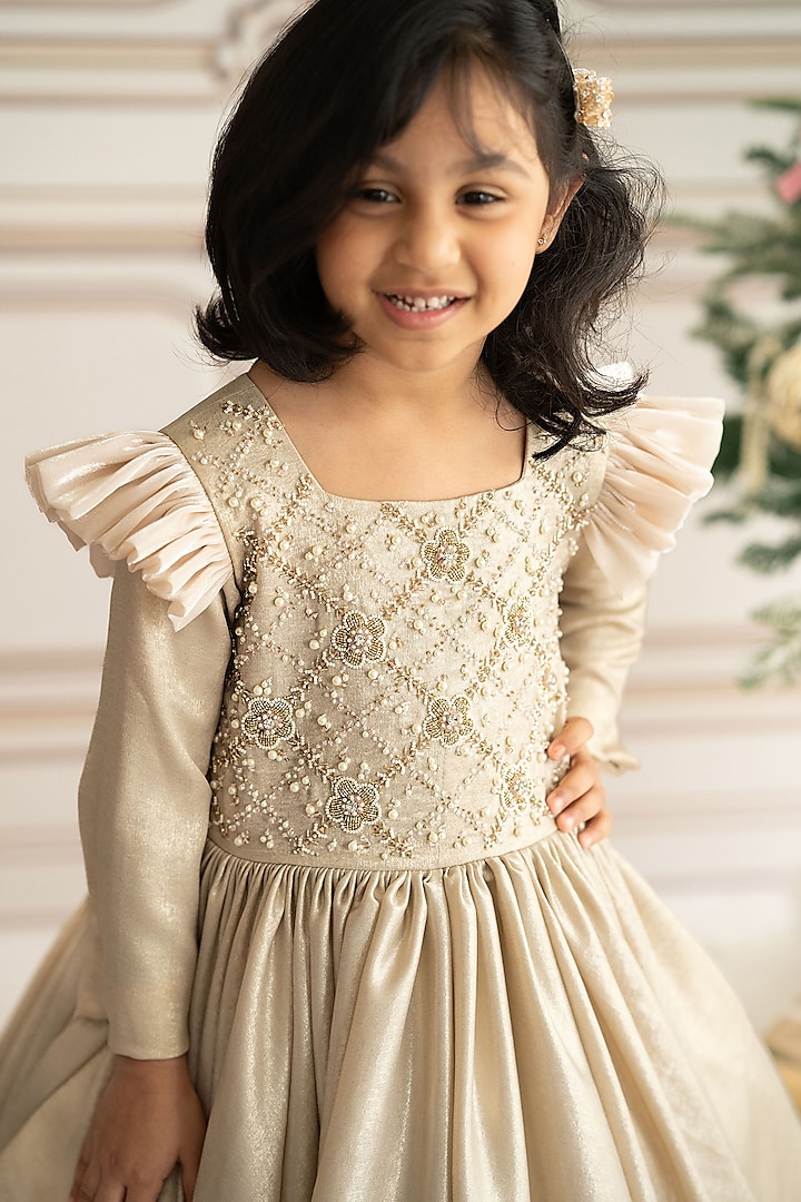 Golden Foil Hand Embroidered Gown For Girls by Ruchikalathlabel at Pernia's Pop Up Shop