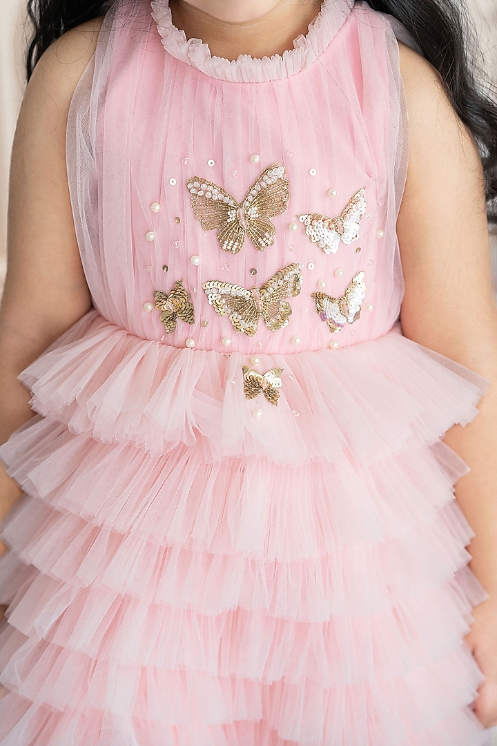 Onion Pink Soft Net Tulle Butterfly Hand Embroidered Layered Dress For Girls by Ruchikalathlabel at Pernia's Pop Up Shop