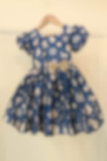 Blue Japanese Satin Printed Dress For Girls by Ruchikalathlabel