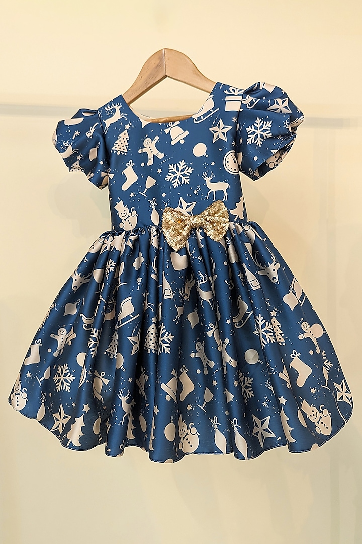 Blue Japanese Satin Printed Dress For Girls by Ruchikalathlabel