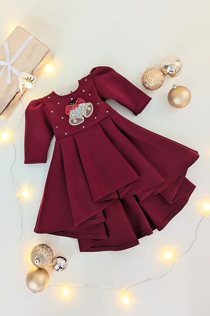 Maroon Neoprene & Scuba Hand Embroidered High-Low Gown For Girls by Ruchikalathlabel at Pernia's Pop Up Shop
