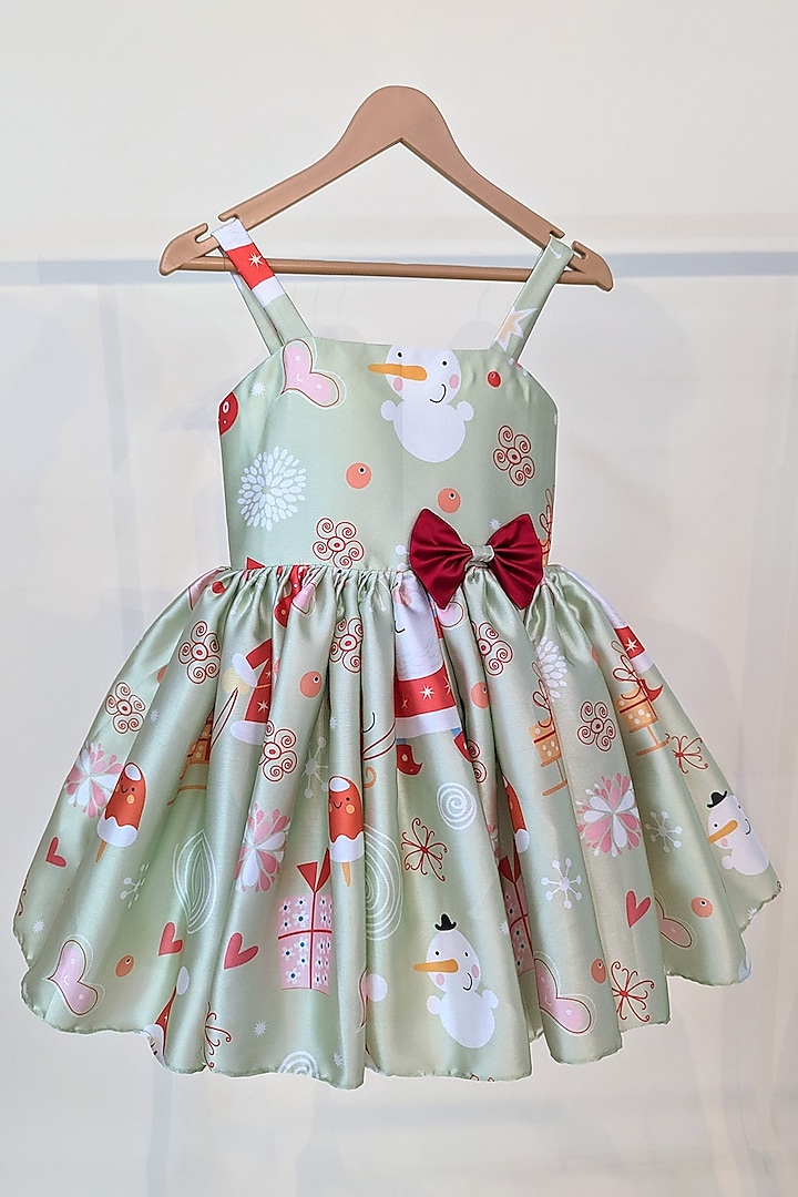 Mint Green Japanese Satin Printed Dress For Girls by Ruchikalathlabel