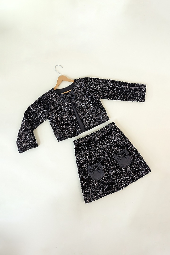 Black Velvet & Bridal Satin Sequins Embroidered Skirt Set For Girls by Ruchikalathlabel at Pernia's Pop Up Shop