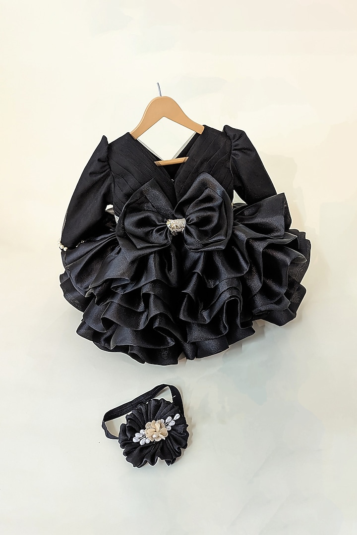 Black Butter Organza Hand Embroidered Tiered Dress For Girls by Ruchikalathlabel