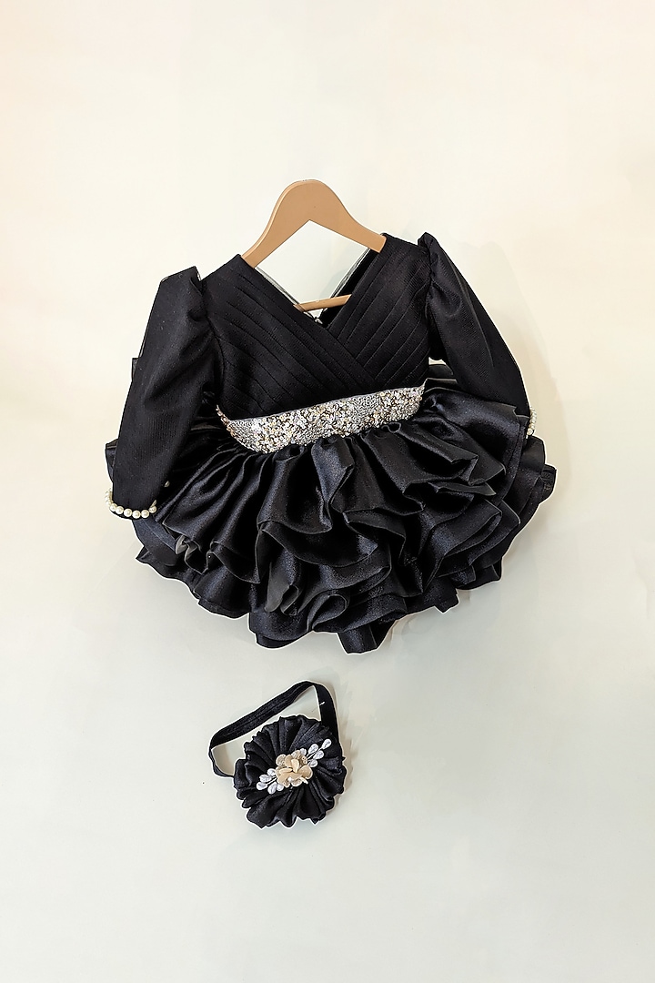Black Butter Organza Hand Embroidered Tiered Dress For Girls by Ruchikalathlabel at Pernia's Pop Up Shop
