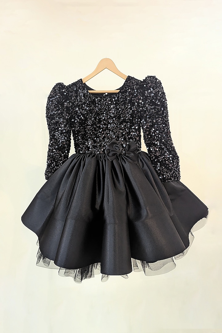 Black Sequins Velvet & Bridal Satin Flared Dress For Girls by Ruchikalathlabel