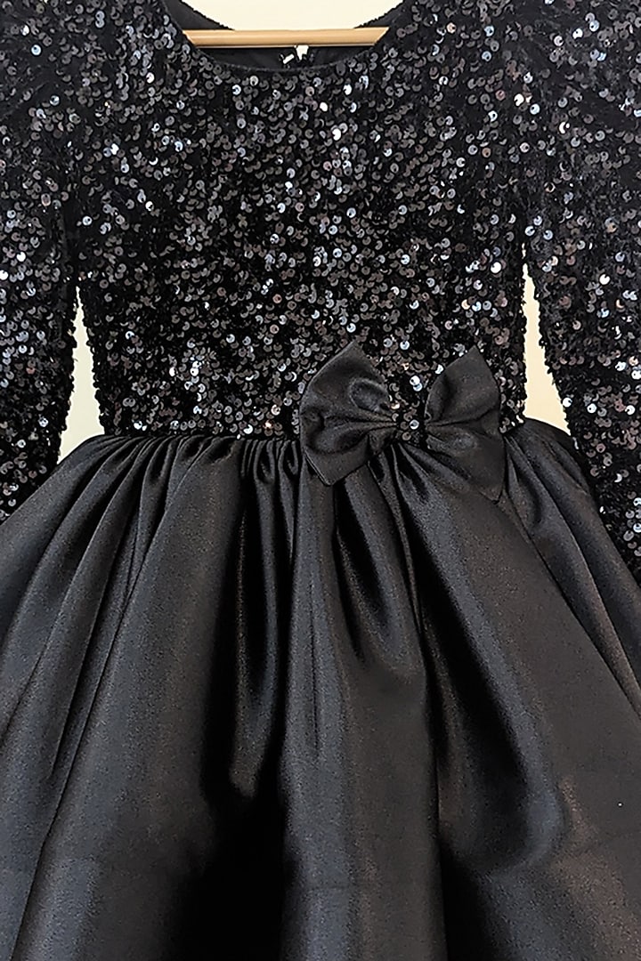 Black Sequins Velvet & Bridal Satin Flared Dress For Girls by Ruchikalathlabel at Pernia's Pop Up Shop