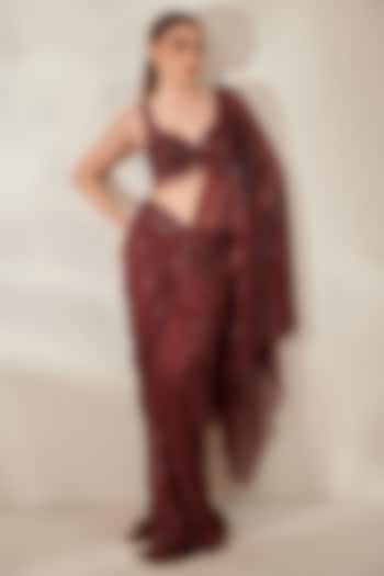 Wine Shimmer Tulle Sequins Embellished Draped Saree Set by RCKC AURUM