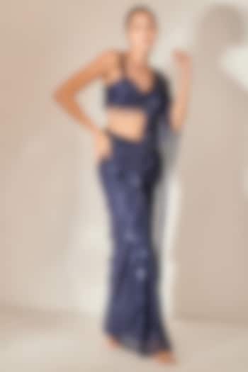 Midnight Blue Shimmer Tulle Sequins Embellished Draped Saree Set by RCKC AURUM