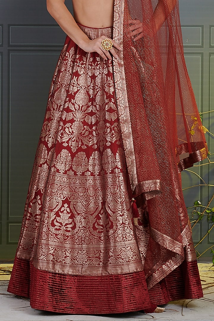 Maroon Pure Silk Banarasi Wedding Lehenga Set by RCKC AURUM at Pernia's Pop Up Shop