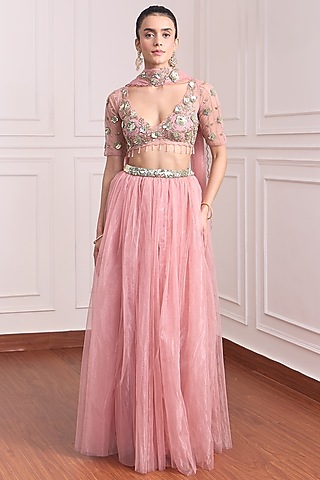 Lavender Shimmer Tulle Floral Sequin Embroidered Lehenga Set by RCKC AURUM