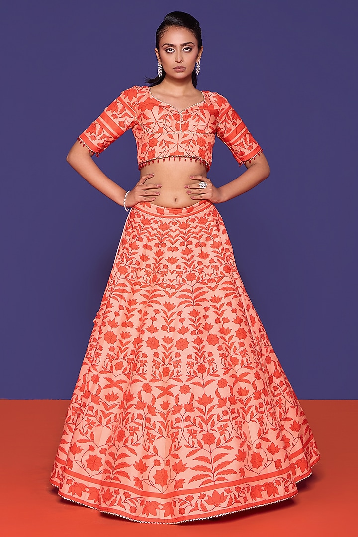 Rouge Orange Silk Embroidered Wedding Lehenga Set by RCKC AURUM at Pernia's Pop Up Shop