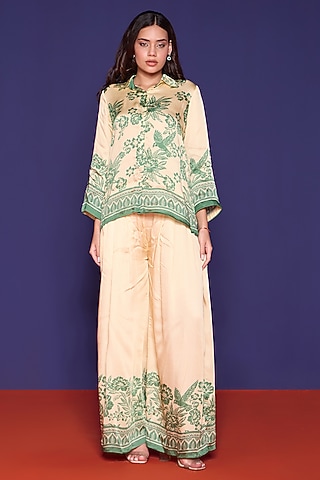 Botanical Green Satin Printed Co-Ord Set by RCKC AURUM