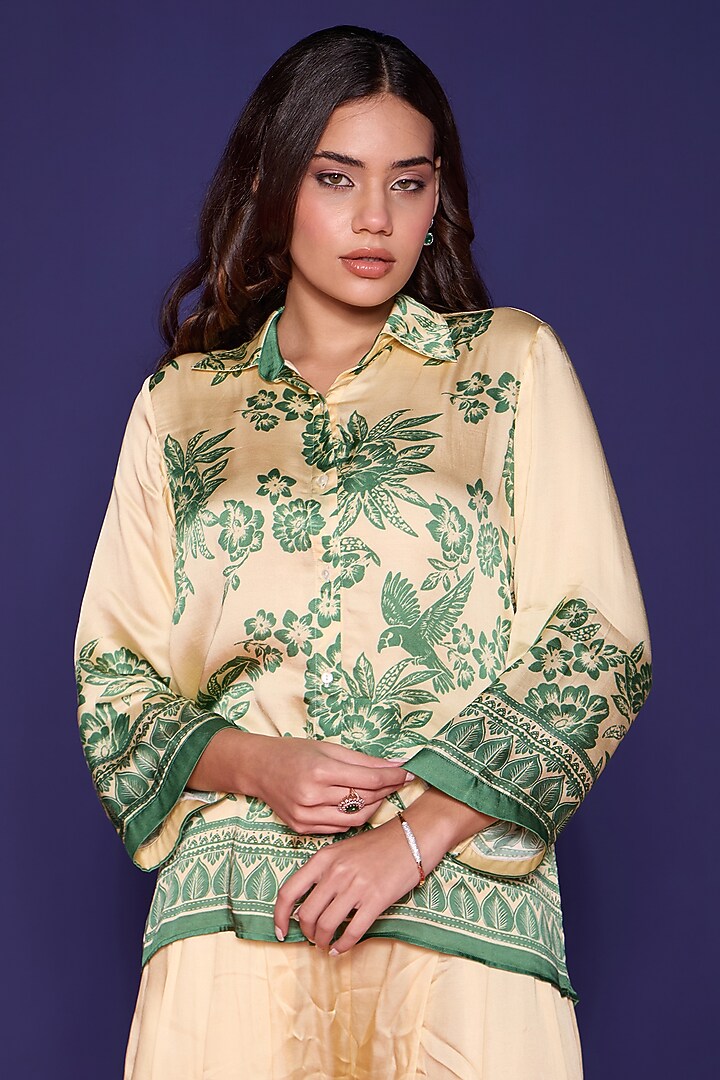 Botanical Green Satin Printed Co-Ord Set by RCKC AURUM at Pernia's Pop Up Shop