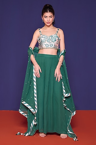 Botanical Green Silk & Satin Paneled Pant Set by RCKC AURUM