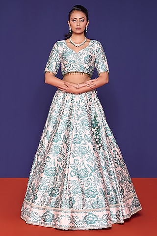Botanical Green Silk Floral Printed Lehenga Set by RCKC AURUM